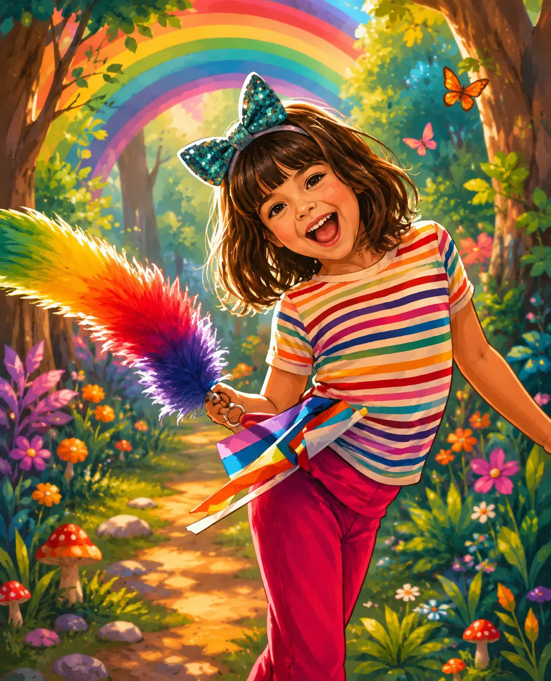 Saskia in a rainbow forest with a sparkly bow and a rainbow plume