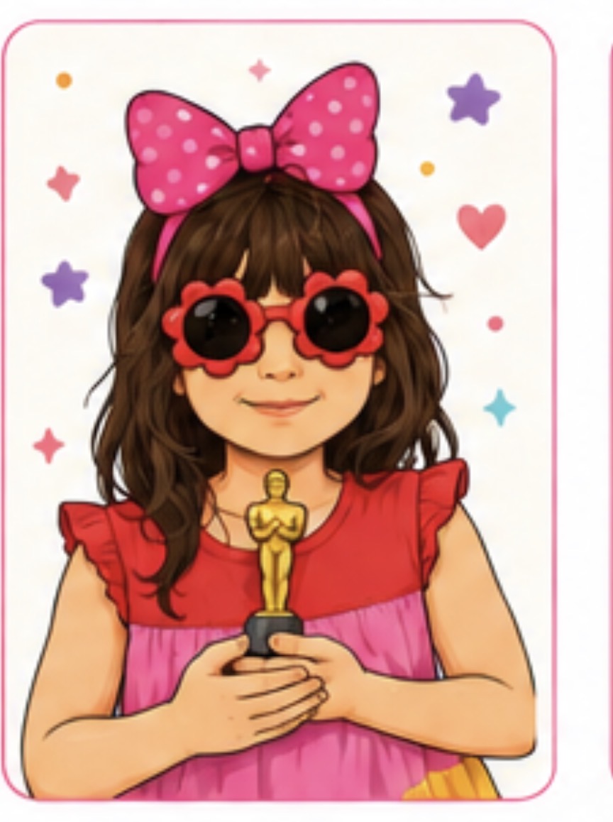 Saskia in flower sunglasses and a pink bow holding a golden award