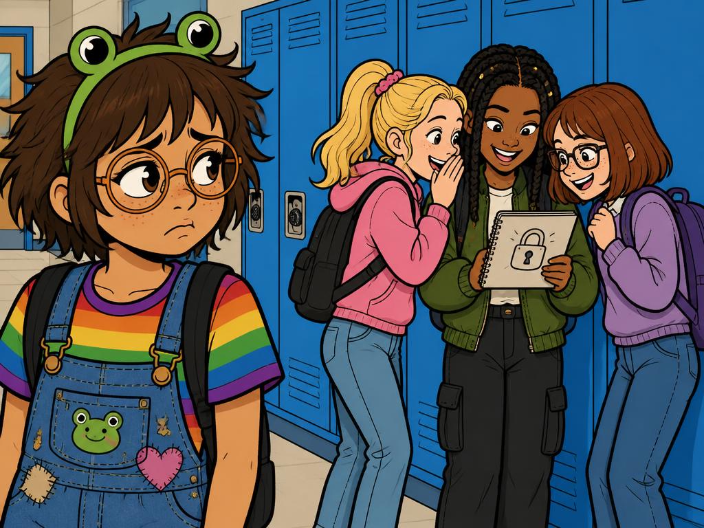 Three girls huddled by lockers whispering over a notebook with a padlock doodle, Azalea watching from a distance
