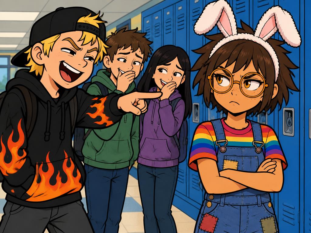 Dash, a blond boy in a black flame hoodie and backwards cap, pointing and laughing at Azalea's bunny-ear headband in the hallway, other kids half-laughing