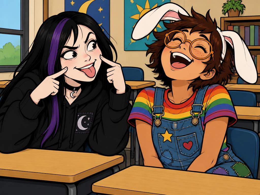 Wren pulling a silly face and joking with Azalea at a desk, both laughing, Azalea's ears flopping