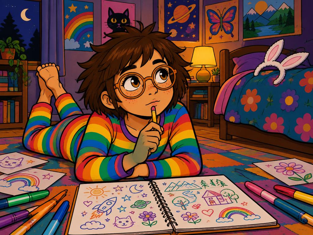 Azalea on her bedroom floor at night, notebook open with two columns drawn, bunny headband on the bed, warm lamp light, sketches everywhere