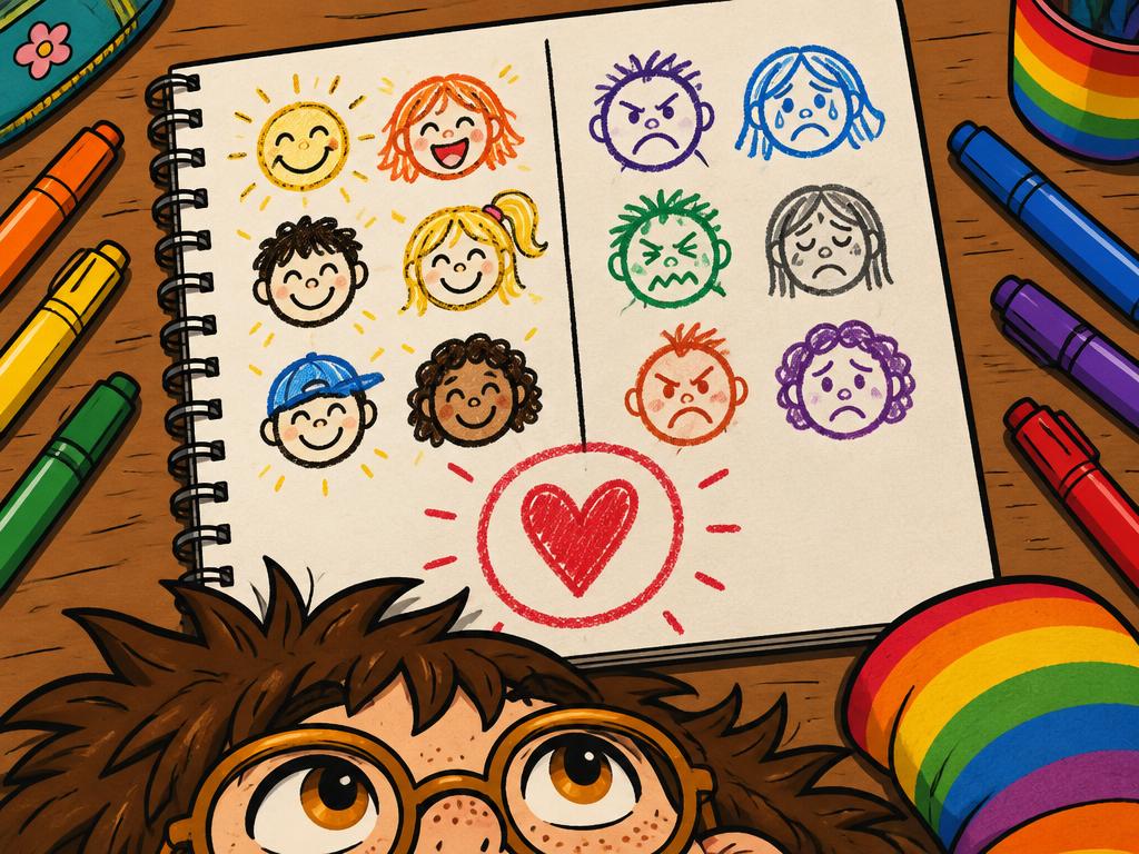 Close view of Azalea's hand-drawn notebook page with two columns of doodles and a big circled heart, her chin resting on the page