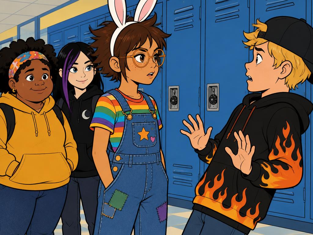 Azalea standing straight in front of Dash by the lockers, calm and steady, Dash surprised, Nia and Wren behind her