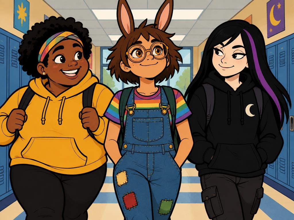 Azalea walking away down the hallway with Nia and Wren, ears held high, small proud grin