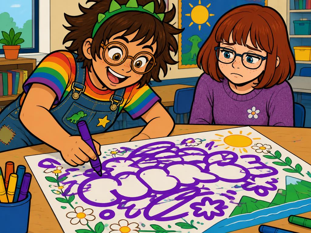 Azalea in a dinosaur-spike headband excitedly grabbing a poster off the table and redrawing over Savannah's neat lettering, Savannah's smile falling