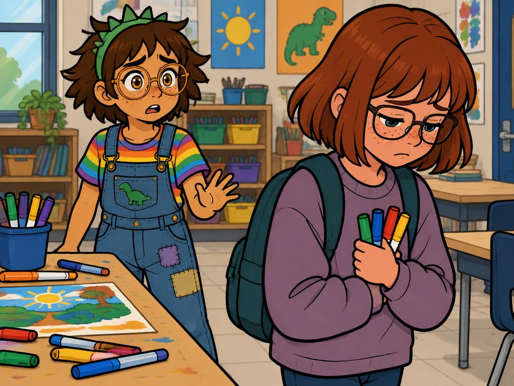 Savannah quietly gathering her markers, eyes down, walking away from the table, Azalea mid-sentence behind her