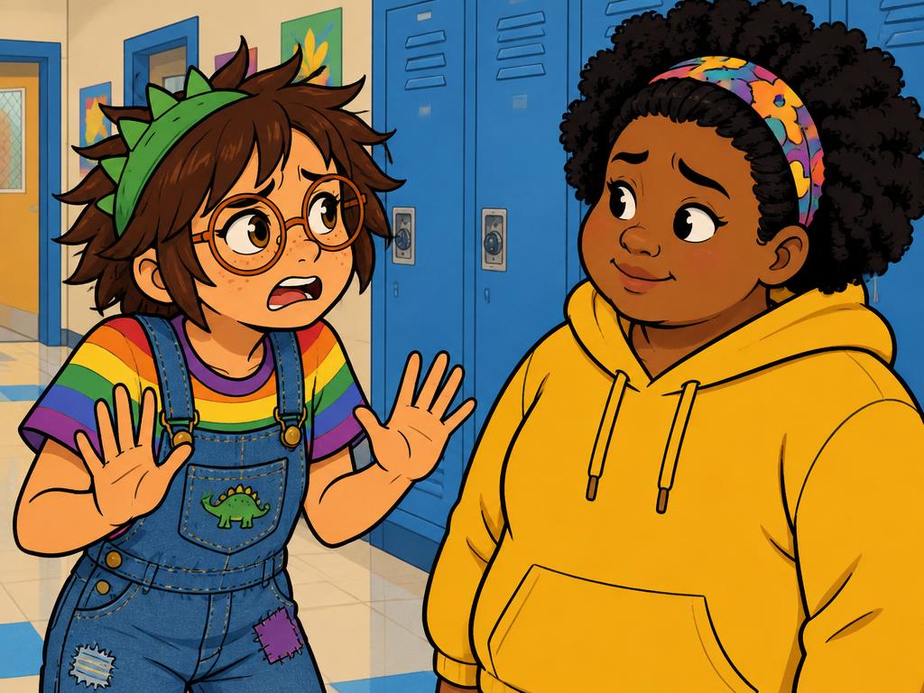 Azalea gesturing defensively to Nia in the hallway, palms up, spiky dino headband askew