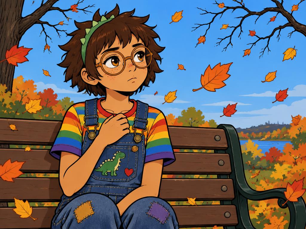 Azalea sitting very still on a bench, thinking hard, one hand on her chest, autumn leaves around her