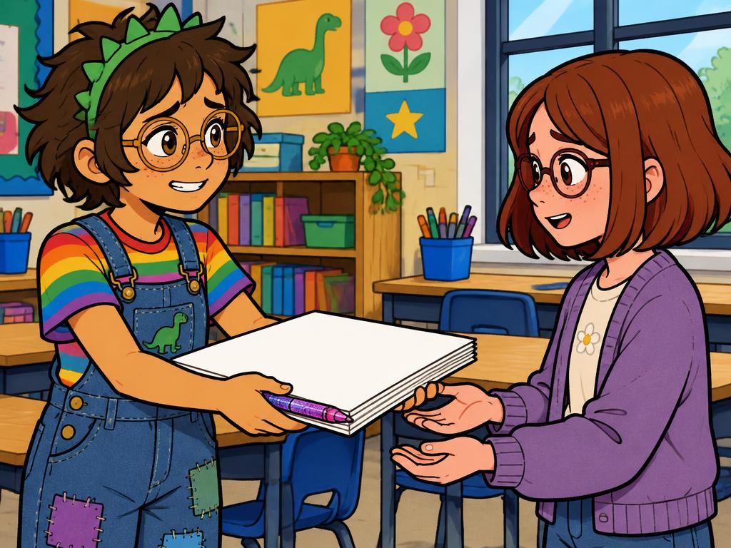 Azalea handing Savannah a stack of fresh blank poster paper and her own favorite glitter pen, sincere face