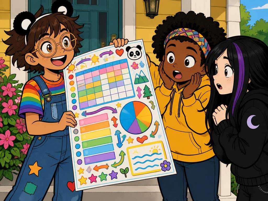 Azalea in panda-ear headband on Nia's porch holding a giant elaborate laminated plan labeled with arrows and stickers, Nia and Wren staring