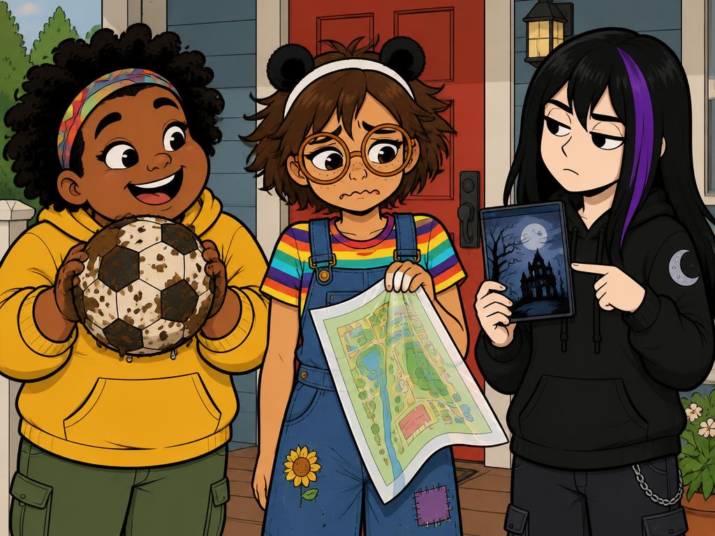 Nia holding up a muddy soccer ball hopefully, Wren pointing at a scary movie case, Azalea's laminated plan drooping in her hand