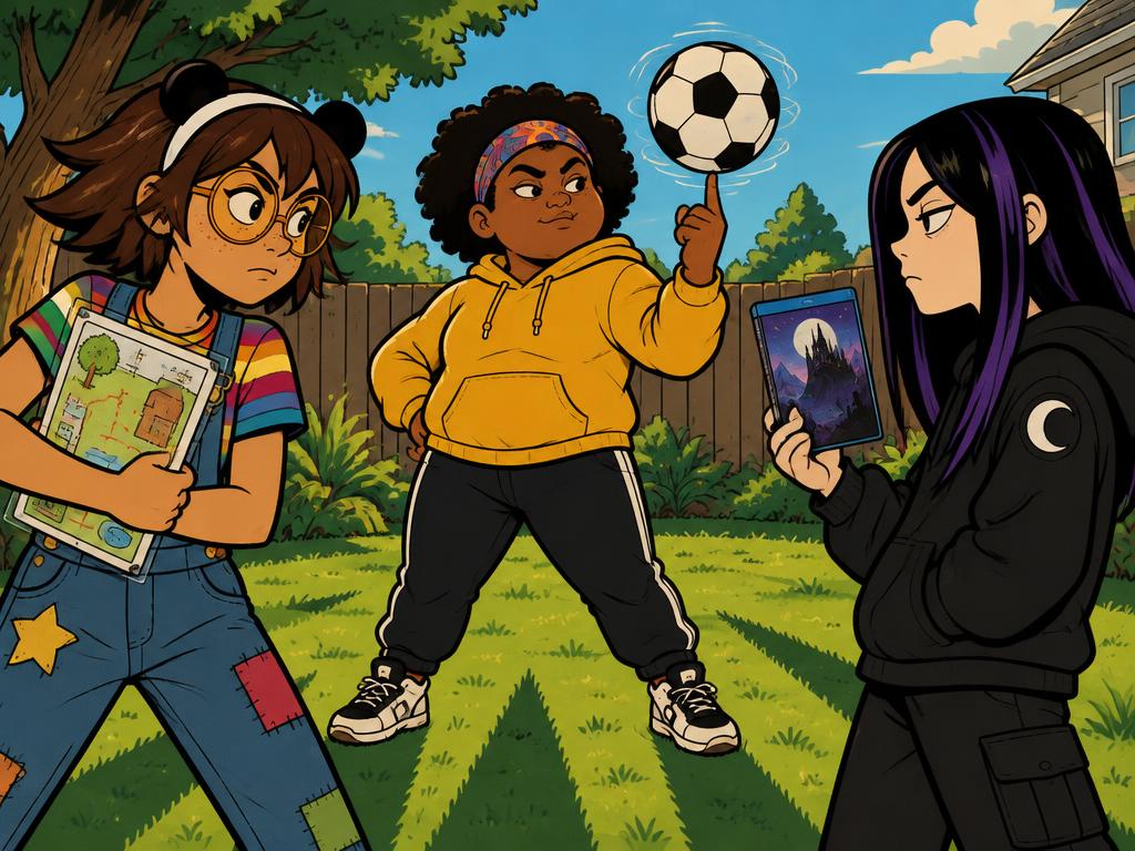 Three girls in a comic standoff in the backyard, Azalea clutching her plan, Nia spinning the soccer ball, Wren deadpan holding the movie, dramatic lighting