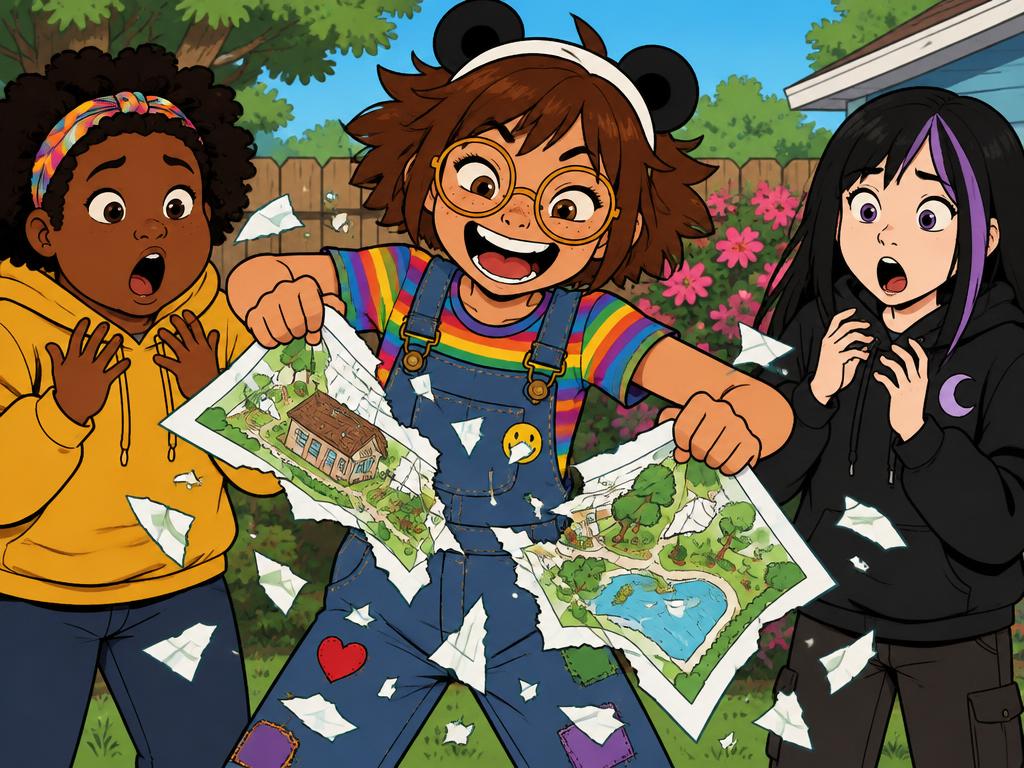 Azalea suddenly ripping her laminated plan into three pieces with a wild happy grin, Nia and Wren shocked