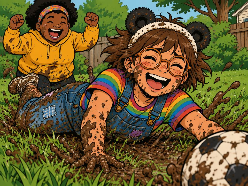 Azalea sliding through wet grass after the soccer ball, absolutely filthy, panda ears soaked, laughing hysterically, Nia cheering