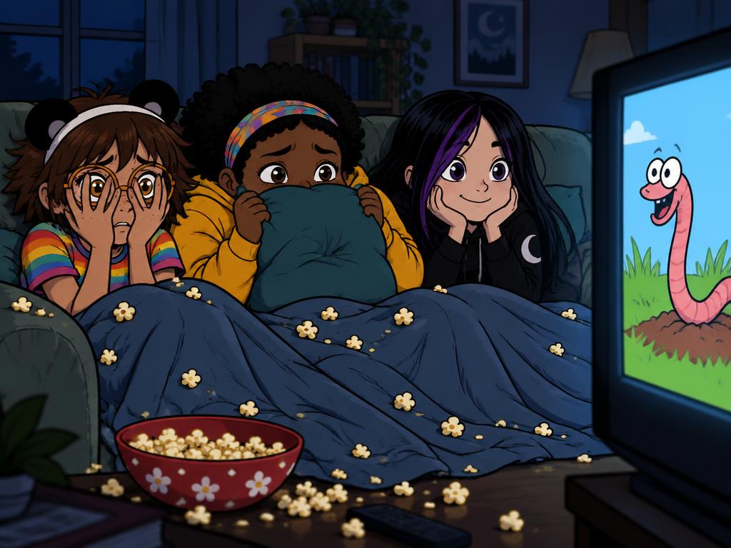 Three girls squished on a couch under one blanket watching a movie, popcorn everywhere, Azalea hiding behind her hands, one worm on the TV