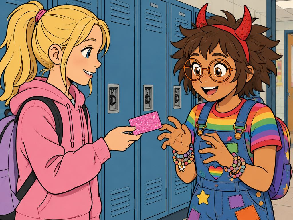 Peyton sweetly handing Azalea a glittery pink membership card by the lockers, Azalea in dragon-horn headband wide-eyed and thrilled