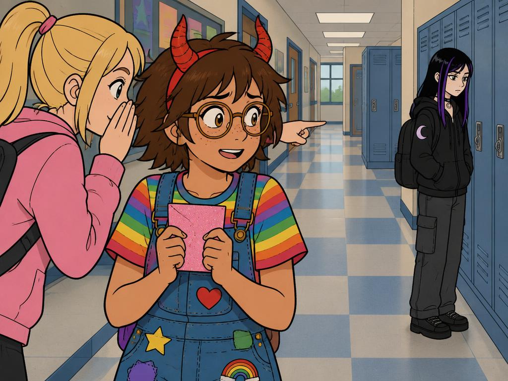 Peyton leaning in to whisper, pointing across the hall at Wren, Azalea's excited face beginning to fall