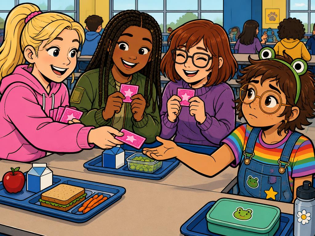 Peyton handing out little glittery membership cards at lunch, Marlowe and Savannah giggling, Azalea reaching out hopefully and getting passed over