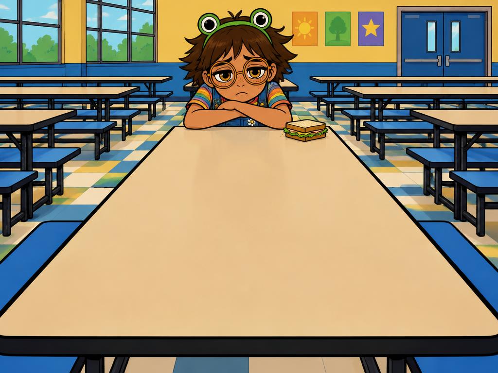 Azalea alone at the end of a lunch table, chin on arms, sandwich untouched, glasses slightly fogged