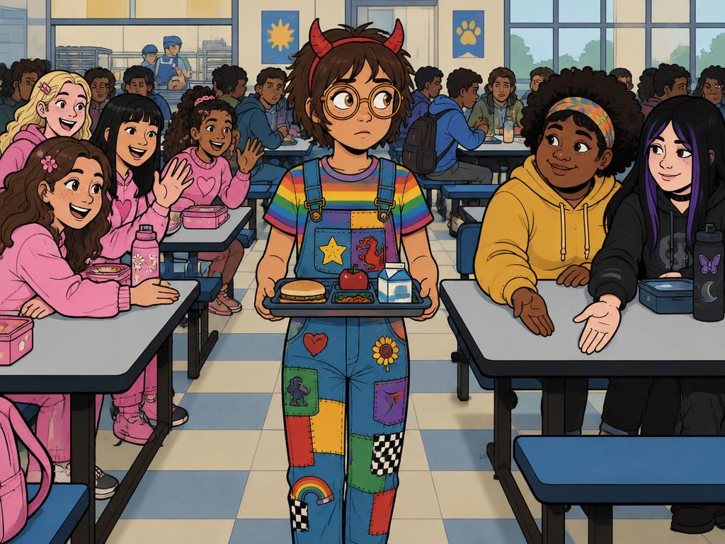 Azalea standing frozen in the middle of a cafeteria holding her tray, Secret Club table on one side waving, Nia and Wren on the other side saving her a seat