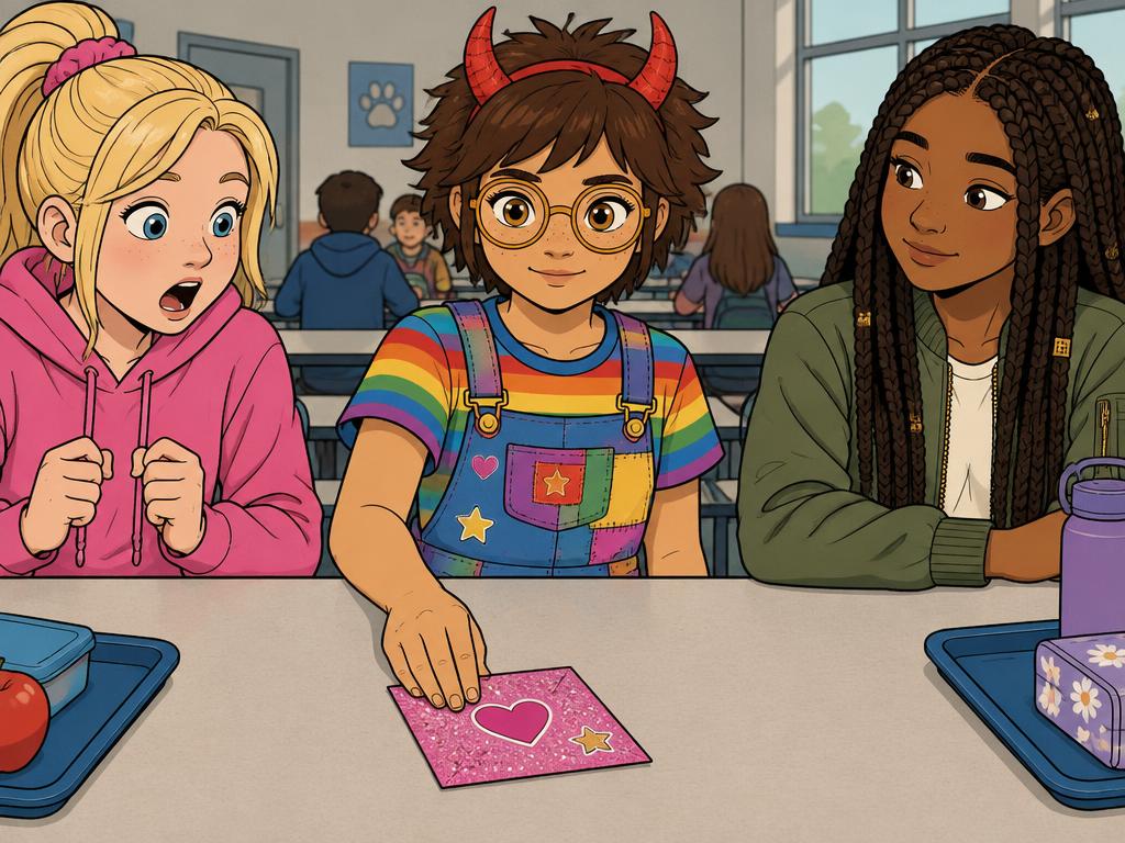 Azalea calmly setting the glittery pink card down on the Secret Club table, Peyton's mouth open, Marlowe watching closely