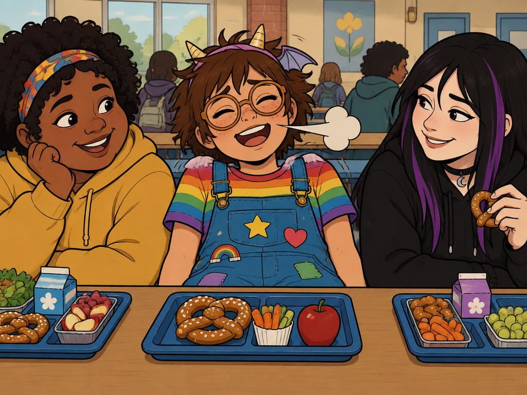Azalea sitting down hard between Nia and Wren, dragon horns crooked, blowing out a huge breath, both friends grinning at her