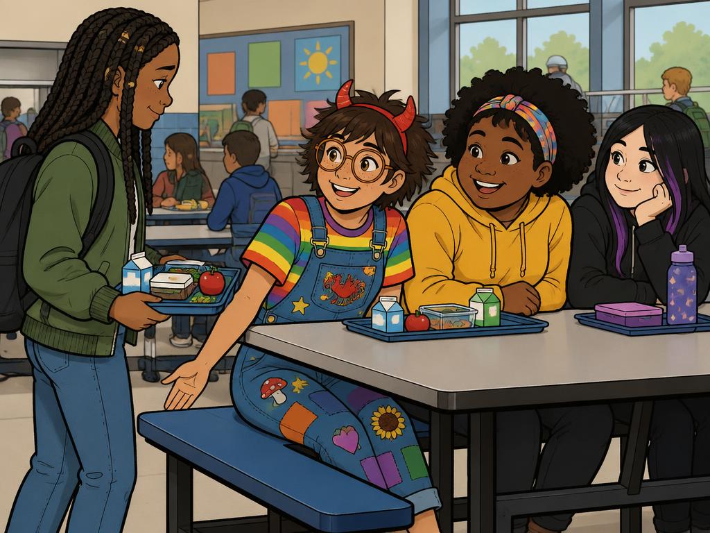 Marlowe walking over with her tray and shyly asking to sit with the three girls, Azalea scooting over to make room