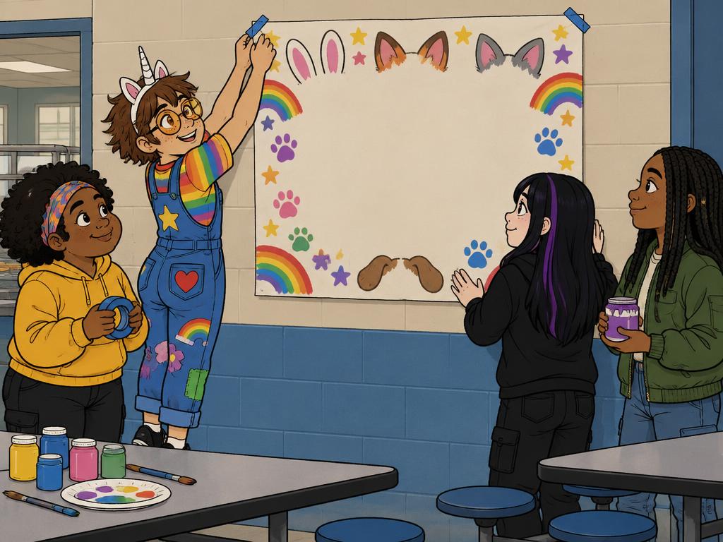 Azalea in unicorn-ear headband taping a big hand-painted sign to the cafeteria wall, Nia and Wren holding the tape, Marlowe holding paint