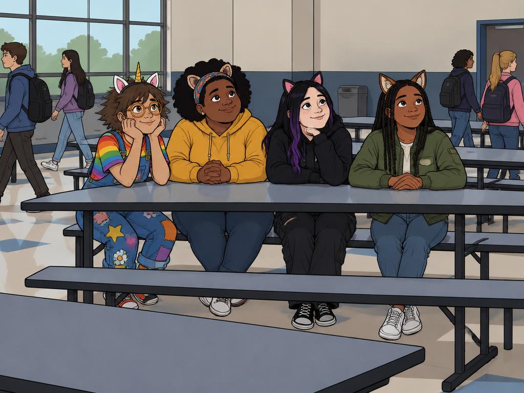 A mostly empty cafeteria corner with four girls sitting at one table wearing animal-ear headbands, looking hopeful, kids walking past