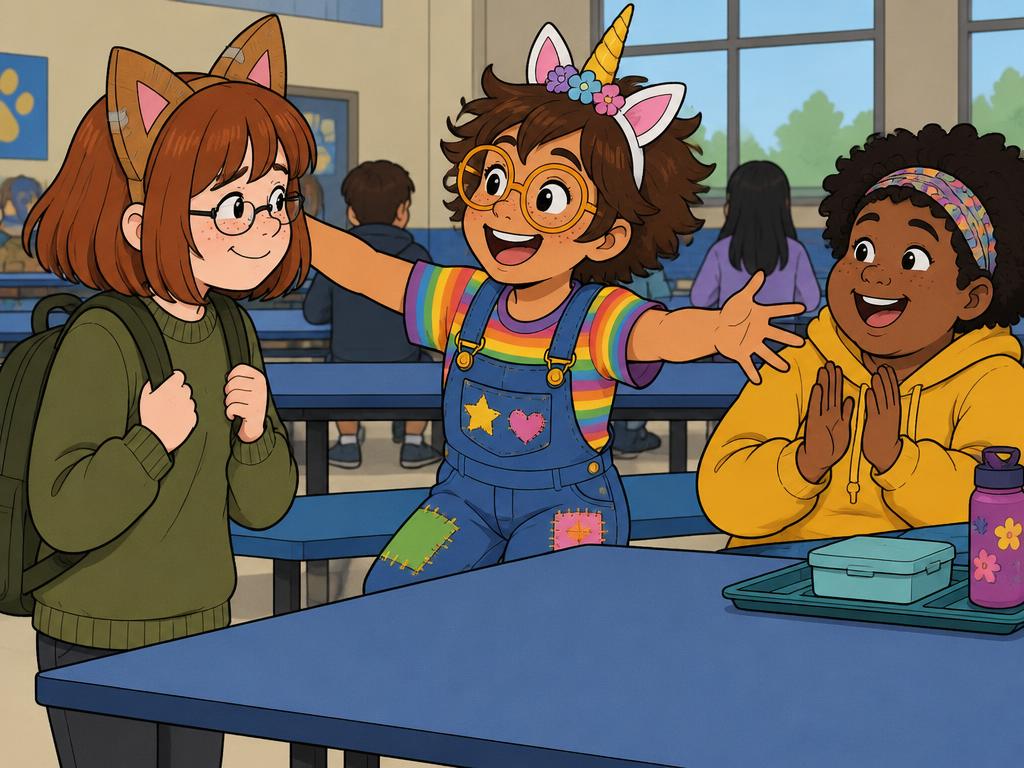 Savannah arriving at the Ears Club table wearing homemade cardboard cat ears, nervous smile, Azalea leaping up delighted