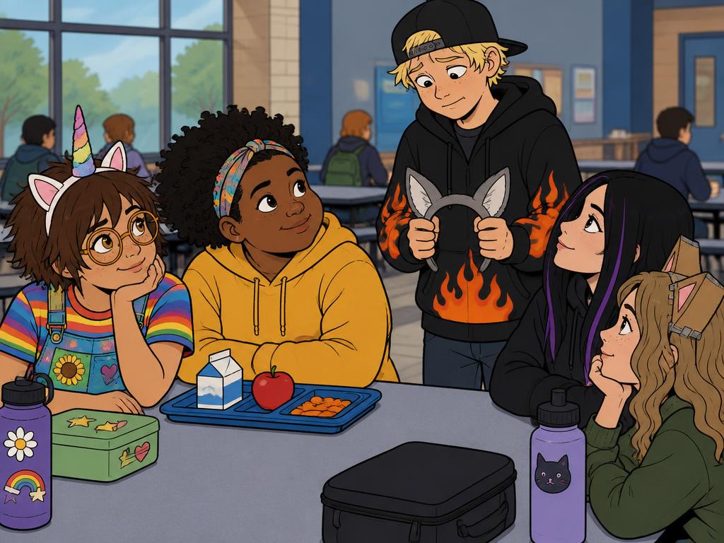 Dash hovering awkwardly at the edge of the Ears Club table holding a pair of plain grey ears, everyone looking at him