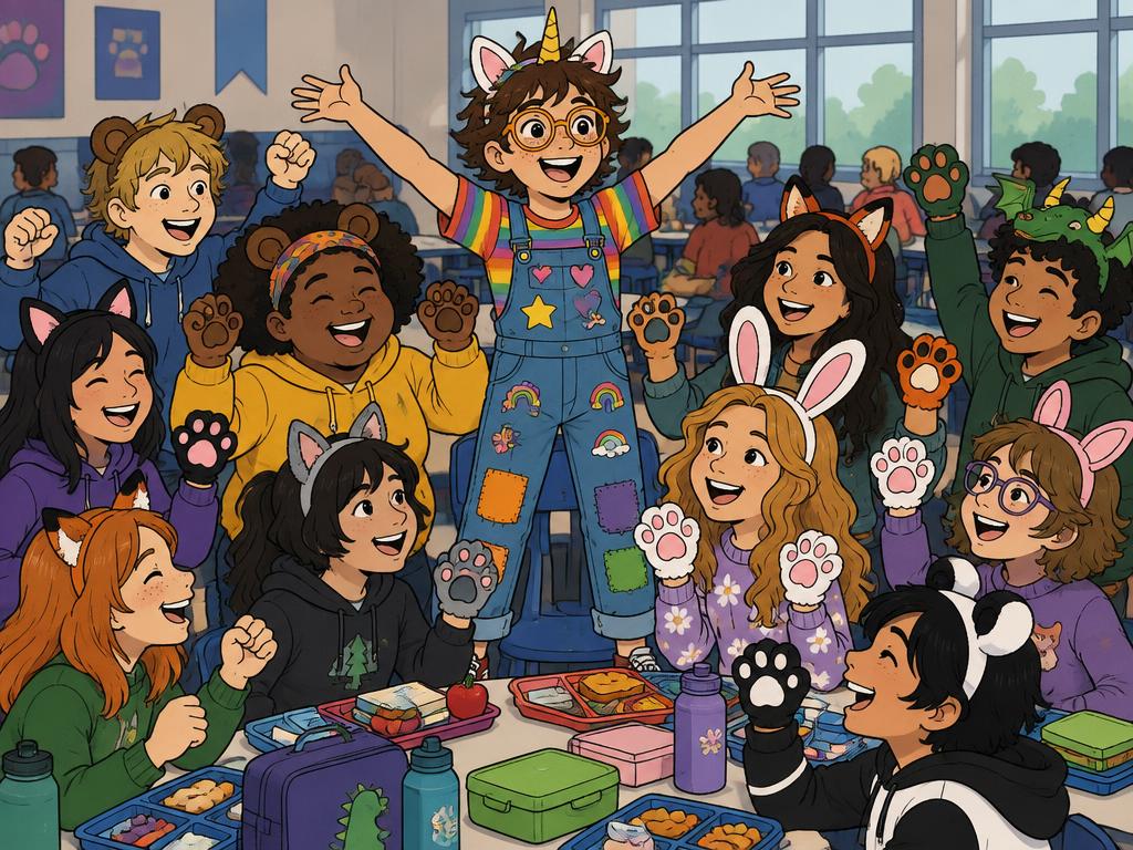 A packed cafeteria table surrounded by a dozen happy middle schoolers all wearing different animal ear headbands, Azalea standing on a chair in the middle with arms wide
