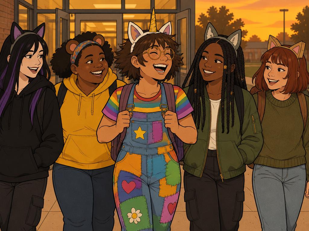 Close warm portrait of Azalea walking out of school at sunset with Nia, Wren, Marlowe and Savannah, all in animal ears, laughing