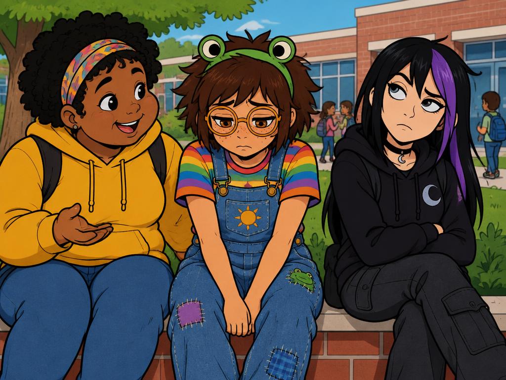 Nia in a yellow hoodie and Wren in a black hoodie sitting on either side of Azalea on a low wall outside school
