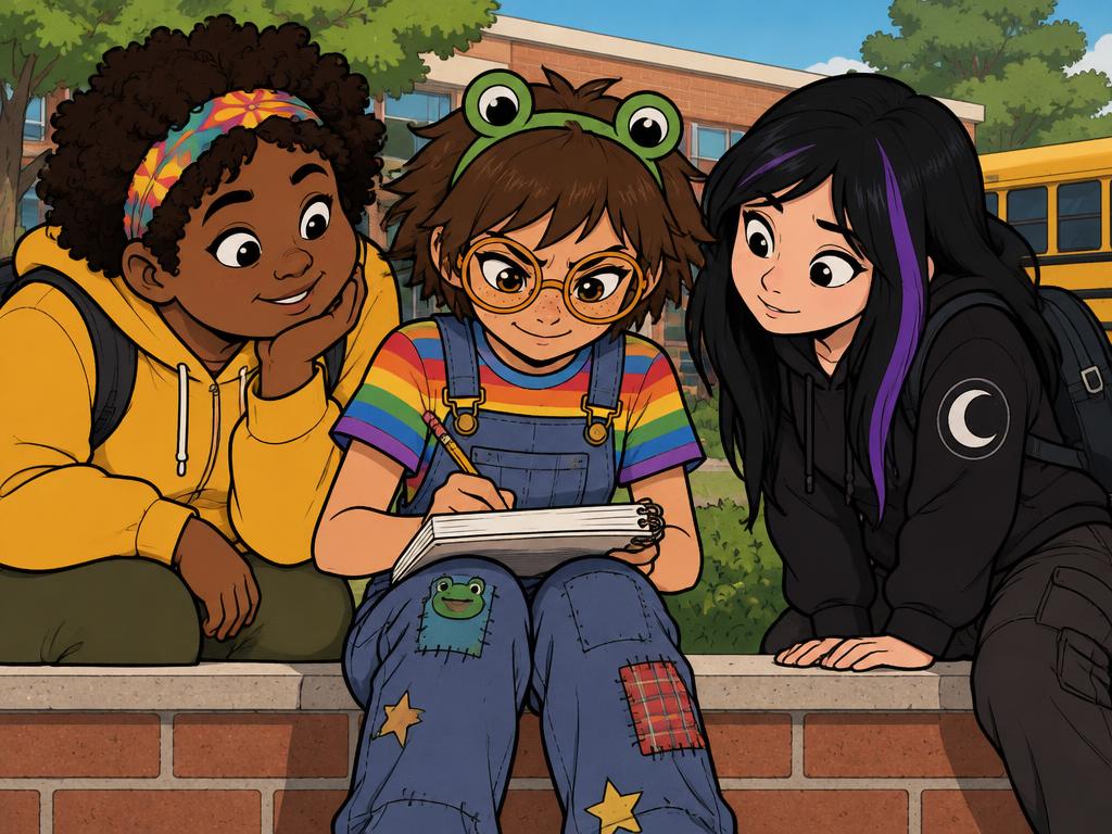 Azalea sitting up straighter, a tiny fierce smile, scribbling in her own notebook while Nia and Wren lean in