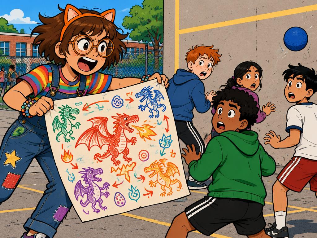 Azalea in cat-ear headband charging up to four kids playing handball at recess, holding up a giant hand-drawn poster of a dragon tournament