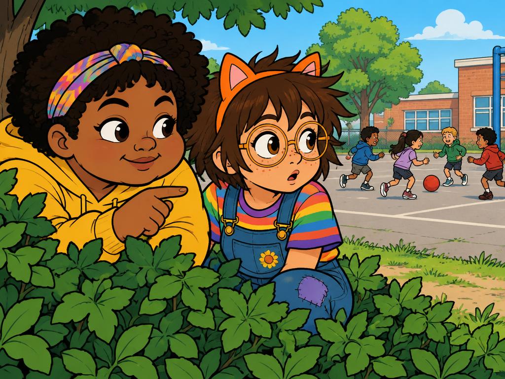 Nia crouching beside Azalea behind a bush at recess, both peeking at a group of kids playing, Nia pointing