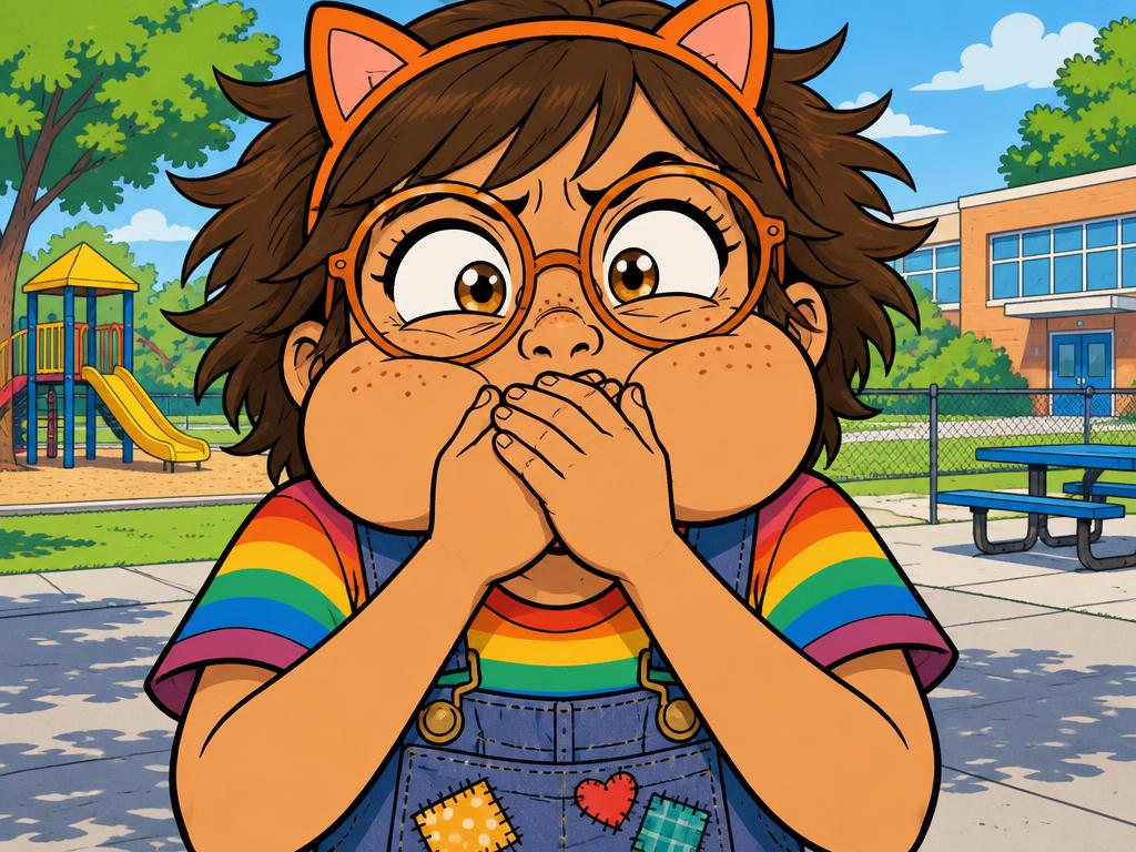 Azalea holding her own mouth shut with both hands, cheeks puffed, eyes enormous behind her glasses, counting to ten