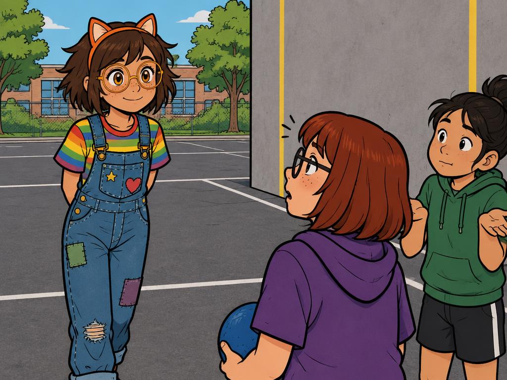 Azalea walking up calmly to the handball line, hands behind her back, asking politely, kids looking up surprised