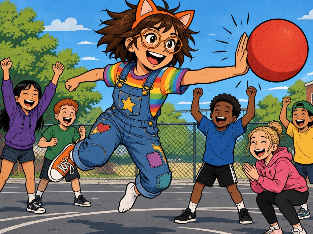Azalea mid-jump smacking the handball, hair flying everywhere, kids laughing and cheering around her