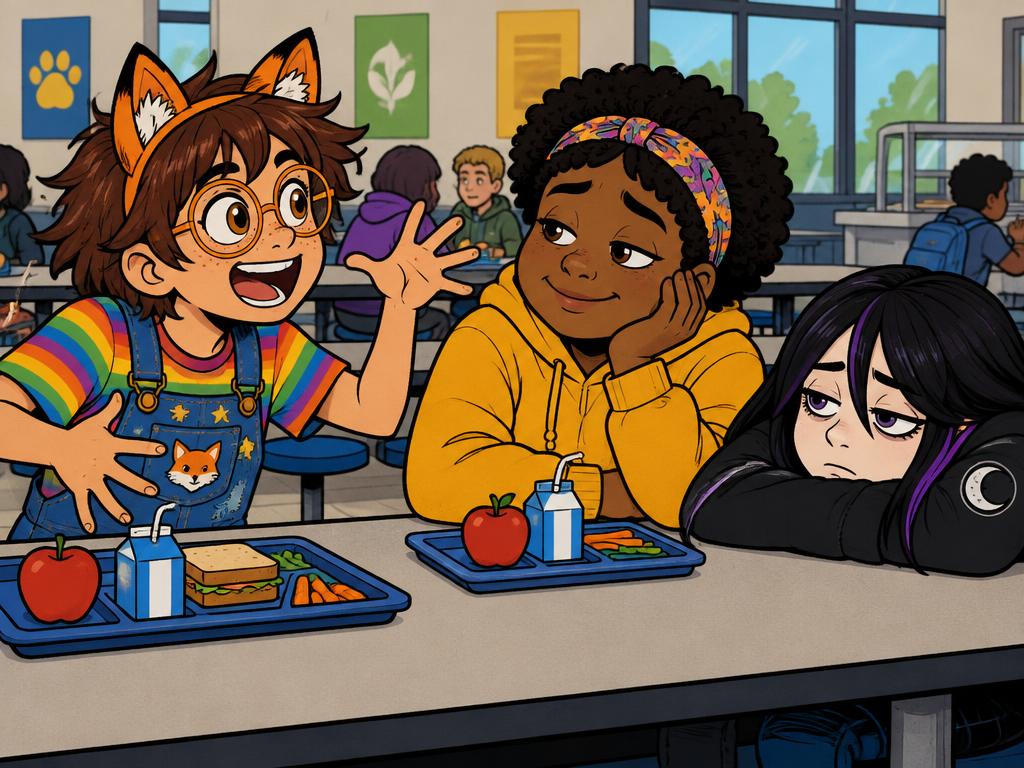 Azalea in fox ears at a lunch table talking with huge hand gestures, drawing in the air, Nia listening politely with a tired smile, Wren resting her chin on the table