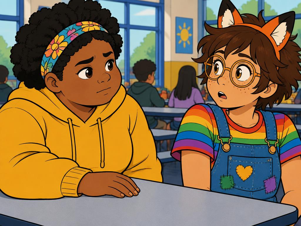 Nia gently putting a hand on the table, serious kind face, Azalea's grin freezing