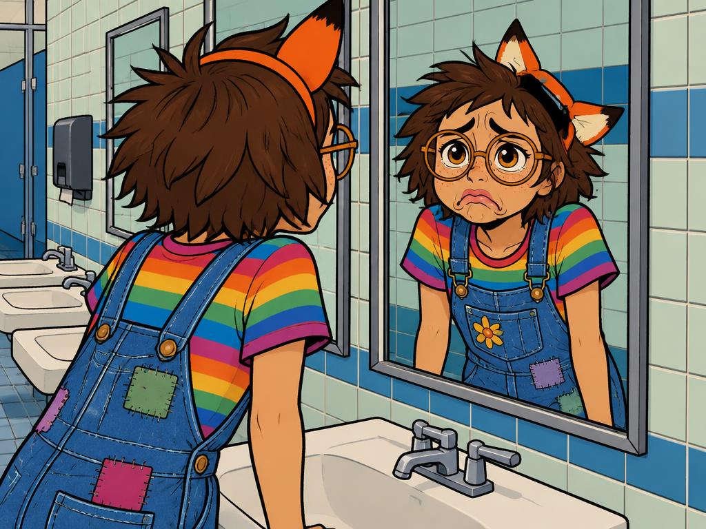 Azalea alone in a school bathroom staring at herself in the mirror, fox ears crooked, dramatic sad face