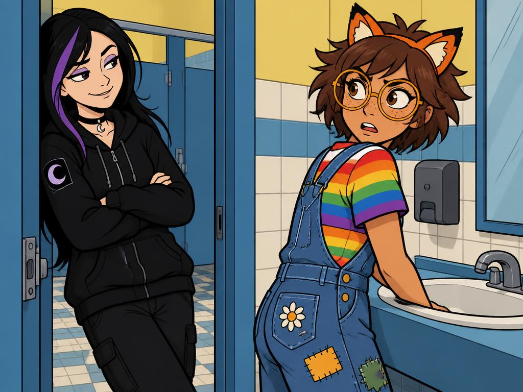 Wren leaning in the bathroom doorway, arms folded, smirking, Azalea turning around