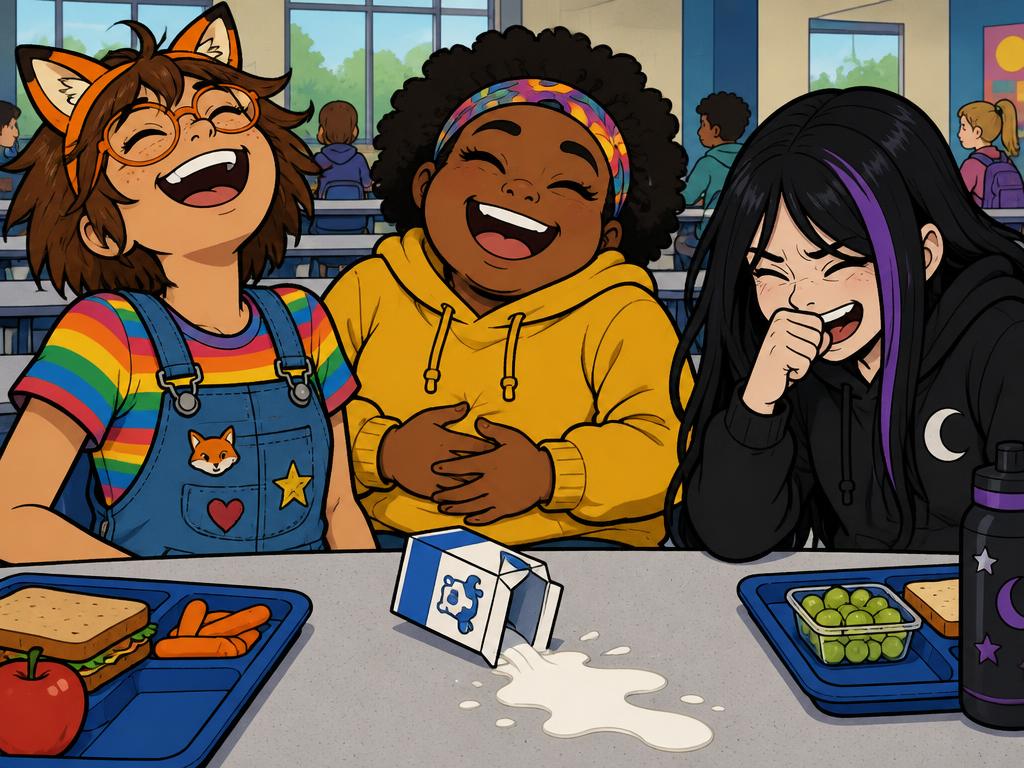 All three girls laughing hard at the lunch table, milk nearly spilling, Azalea delighted