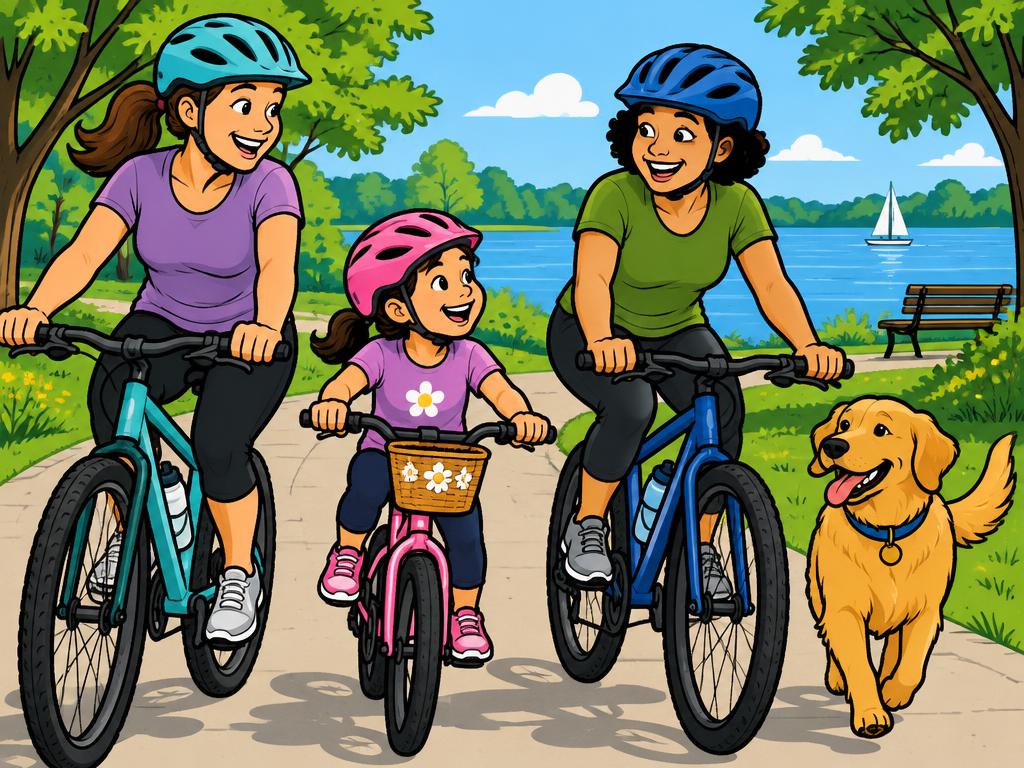 A mommy, a mama and their kid riding bikes on a park path in helmets, a golden dog trotting beside them