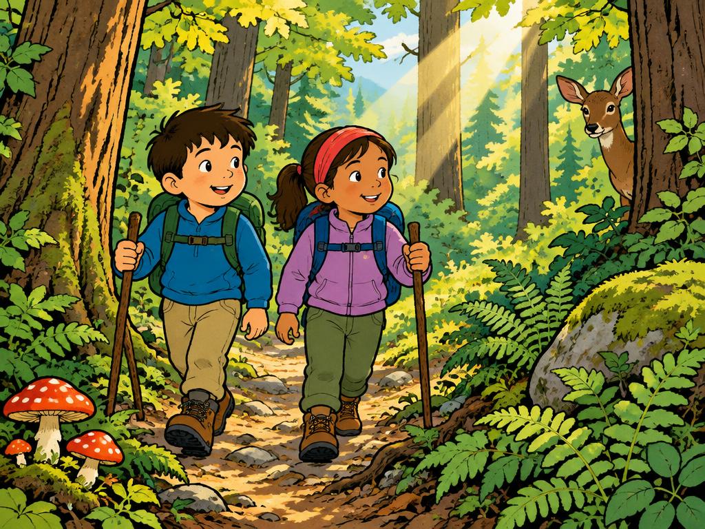 Two kids hiking a woodland trail with backpacks and walking sticks, a deer peeking out from the trees