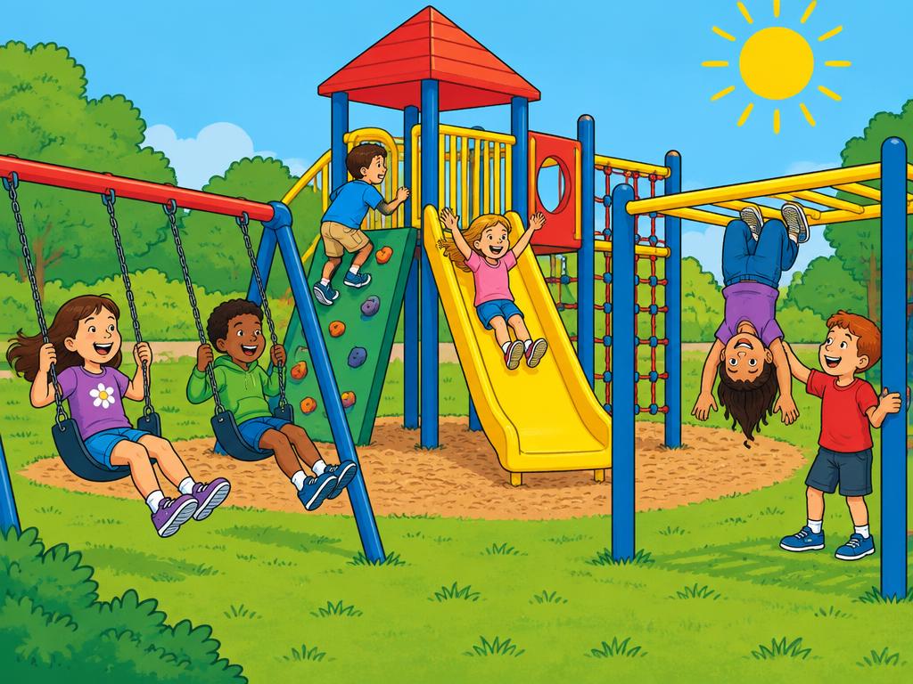 Kids on swings, a slide and monkey bars at a colorful playground, one kid hanging upside down