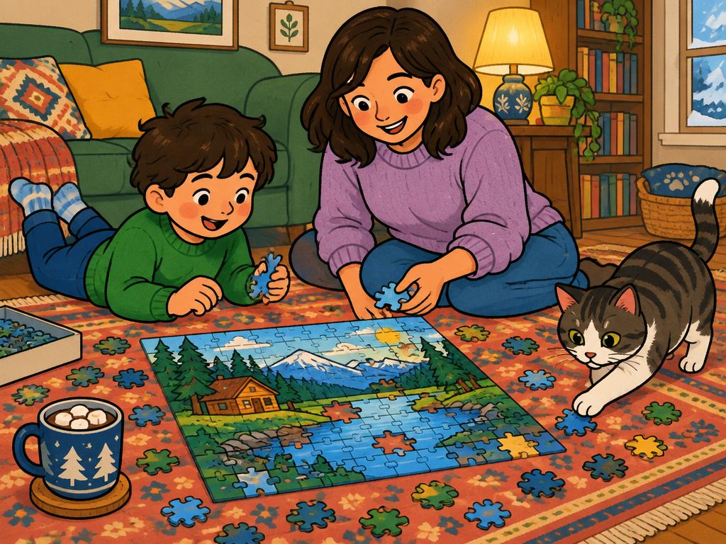 A kid and a grown-up doing a big jigsaw puzzle on a rug, a cat batting a piece away